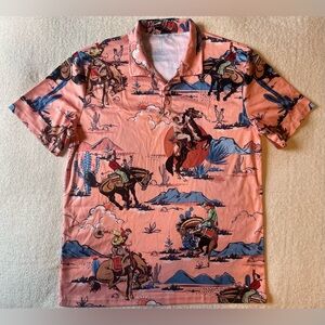 Western collared shirt, men’s medium. Coral pink color. Cowboy horse cactus